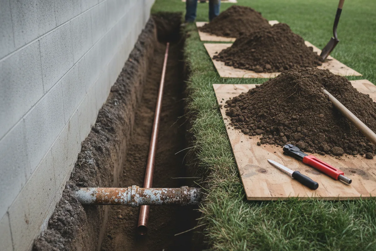Excavated water line trench during Sewer Line Repair in Mission Hills